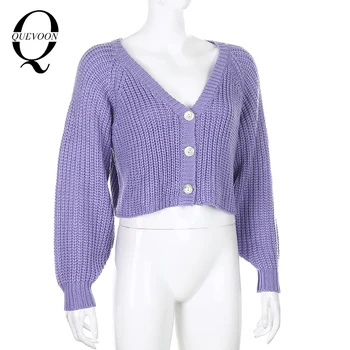 QUEVOON бутер ръкав завършен V-образно деколте, жилетки свободен стил на ежедневни дамски пуловери есен-зима плътен лилав цвят дрехи 2020