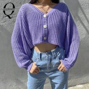 QUEVOON бутер ръкав завършен V-образно деколте, жилетки свободен стил на ежедневни дамски пуловери есен-зима плътен лилав цвят дрехи 2020