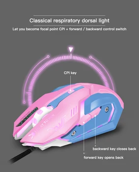 Розова USB жичен тиха мишка 2400DPI Type-C оптична мишка ослепително цветна светещ детска мишката нова симпатична мишка за PC, лаптоп
