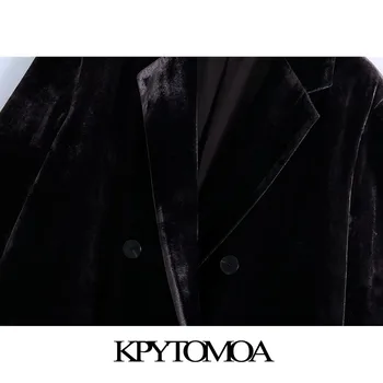 KPYTOMOA жени 2021 мода двубортный velvet блейзър палто реколта джобове с дълъг ръкав Дамски връхни дрехи и шикозни блузи