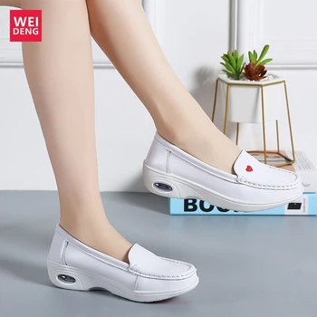 WeiDeng жените обичат медицински сестри Ежедневни обувки естествена кожа свободно време за Дамски мокасини приплъзване на мека лека платформа височина увеличение от 4 см