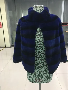 натурална чинчила Заек Рекс естествена кожа палто дамско яке късо палто щанд яка райета на горно облекло 2019 зимни дрехи