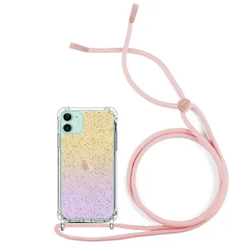 IPhone 11 glitter degraded anti-blow case + розова дантела-Гел Tpu silicone подсилени ъгли висящ кабел