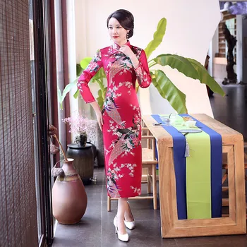 Китайски Червено Цвете Женствена Рокля Vintage Button Секси Qipao Dress For Women Classic Novelty Long Vestidos Китайски Рокли