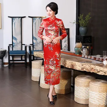 Китайски Червено Цвете Женствена Рокля Vintage Button Секси Qipao Dress For Women Classic Novelty Long Vestidos Китайски Рокли