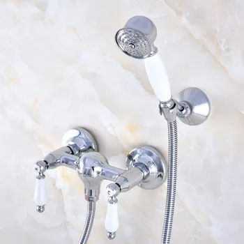 Полиран месинг хром стенен баня ръчен накрайник за душ кран комплект смесител двойна керамика дръжка на лоста mna787