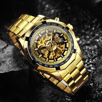 Победител официален класически бизнес авто мъжки механичен часовник каишка от неръждаема стомана златна скелет на мъжки часовници от топ марка луксозни