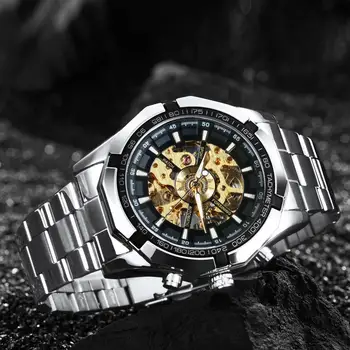 Победител официален класически бизнес авто мъжки механичен часовник каишка от неръждаема стомана златна скелет на мъжки часовници от топ марка луксозни