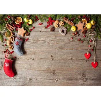 Коледни чорапи ядки дървена дъска снимки на декори Винил плат фон за деца детски фотосесия Photobooth
