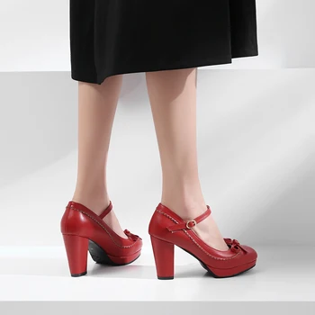JK 2019 дебели високи токчета помпи жените обтегач през цялата стелката на обувките Мери Джейн обувки женски сладък нос обувки жена голям размер 48