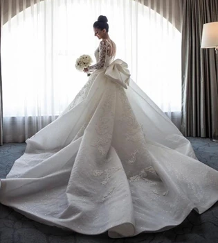 Лори луксозни сватбени рокли русалка Чисто врата дълги ръкави илюзия пълен дантела апликация лук Overskirts параклис на булката Рокли 2020