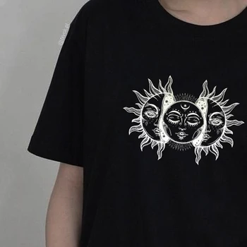 Слънчево Затъмнение Слънцето И Луната Тениска Дамска Черна Тениска Ретро Стил Гръндж Естетиката На Тениски, Готик Hipsters Clothing