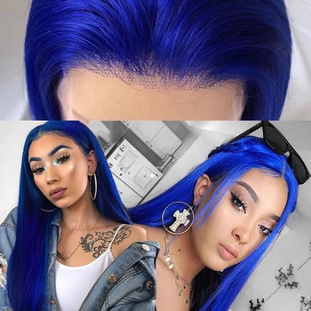 Синя перука синтетични перуки, дантела отпред за жените средната част е дълга права перука дантела с косата на бебето са сини коса WigsDaily износване
