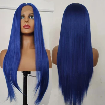 Синя перука синтетични перуки, дантела отпред за жените средната част е дълга права перука дантела с косата на бебето са сини коса WigsDaily износване