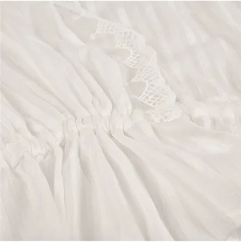Мода райета, дантела дамски блузи Бял Секси срещу врата Дама ризи OL стил летни ризи с дълъг ръкав лято Най женски Vestidos