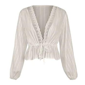 Мода райета, дантела дамски блузи Бял Секси срещу врата Дама ризи OL стил летни ризи с дълъг ръкав лято Най женски Vestidos