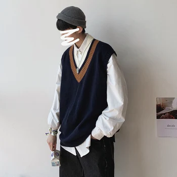 2019 мъжка мода свободен кафяви/тъмно-син цвят пуловер, жилетка, Елек мода V-образна яка плетене жилетка, пуловер палто плюс размер M-2XL