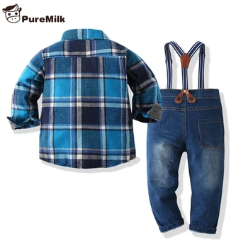 PureMilk Baby Boys облекло риза дълъг ръкав карирани топ+ дънки+ каишка комплект от 3 теми