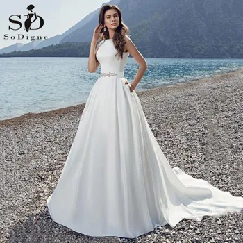 SoDigne Satin Boho Wedding Dress A-Line дантелени апликации, мъниста колан просто сватбена рокля с джоб Принцеса сватбени рокли