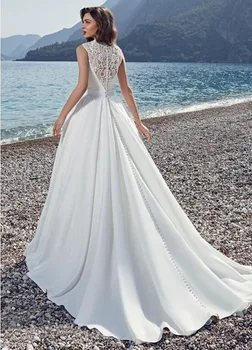 SoDigne Satin Boho Wedding Dress A-Line дантелени апликации, мъниста колан просто сватбена рокля с джоб Принцеса сватбени рокли