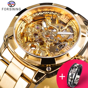Forsining Watch + Bracelet Set Combination Retro Men ' s Automatic Mechanical Top Luxury Full Golden Luminous Hands Часовник Skeleton