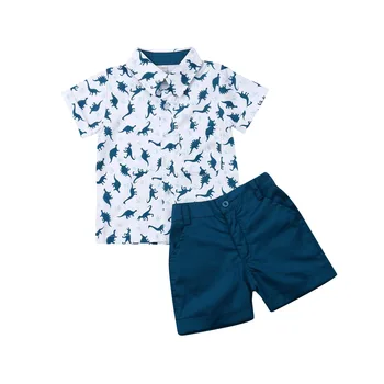 Бебето бебешки момчета деца летни дрехи с къс ръкав динозавър печат на тениски потник + шорти, панталони, костюми, определени