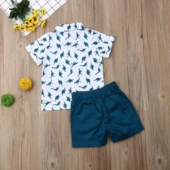 Бебето бебешки момчета деца летни дрехи с къс ръкав динозавър печат на тениски потник + шорти, панталони, костюми, определени