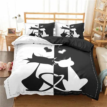 WOSTAR king size комплект постелки луксозен домашен текстил 3d печат черно бяла котка чаршаф калъфка децата на възрастни спално бельо, спално бельо