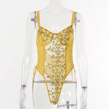 Секси Мрежести Bodysuit See Through Жълт Гащеризон Близки Lingerie for Women Body Suit Nightwear цвете еластична превръзка еротичен порно гащеризон