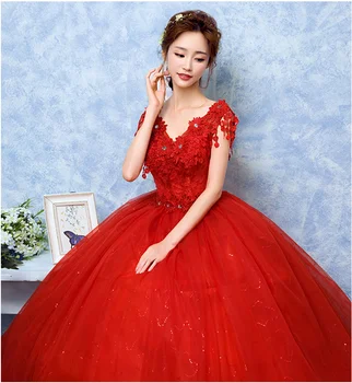 Евтини Червено романтична V-образно деколте с къс ръкав на сватбена рокля дантела апликация индивидуални плюс размера на сватбена рокля Vintage Vestido de Noiva