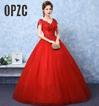Евтини Червено романтична V-образно деколте с къс ръкав на сватбена рокля дантела апликация индивидуални плюс размера на сватбена рокля Vintage Vestido de Noiva