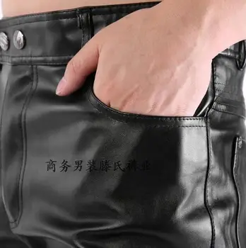 Черна изкуствена кожа панталони мъжки краката панталони мода заплитането на мотоциклет тесни пу панталони за мъже личност pantalon homme