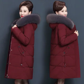 Дамско зимно яке на средна възраст зимно дамско яке с качулка кожа яка дълги женски надолу памук палто дамско топло палто