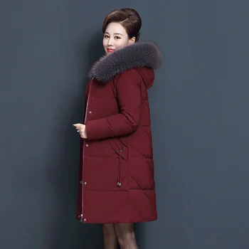 Дамско зимно яке на средна възраст зимно дамско яке с качулка кожа яка дълги женски надолу памук палто дамско топло палто