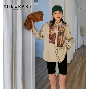 CHEERART Пролет 2021 Възрожденски печат с дълъг ръкав бутон нагоре риза дамски потници и блузи, широки ризи дизайнер естетична дрехи