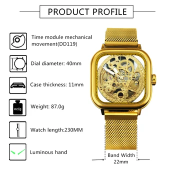 WINNER Fashion Luxury Golden Skeleton Watch автоматични механични часовници за мъже ултра тънък, мрежест каишка мъжки часовник мъж