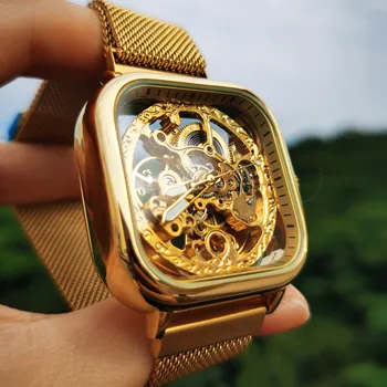 WINNER Fashion Luxury Golden Skeleton Watch автоматични механични часовници за мъже ултра тънък, мрежест каишка мъжки часовник мъж