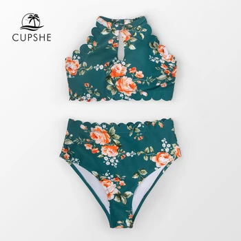 CUPSHE Floral Green Halter Bikini Sets Women Секси High Waist Two Pieces Swimsuit 2021 New Girl Boho бански костюми