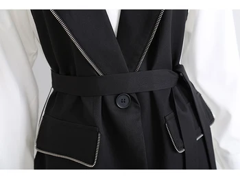 [ИАЛ] жени фалшиви два контрастен цвят колан, блуза нова ревера с дълъг ръкав свободна засаждане риза прилив на мода пролет есен 2021 1DD1866