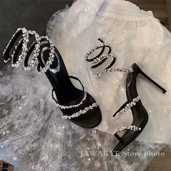Летни перлени сватбени сандали на висок ток официални вечерни обувки на пистата за кацане лента на глезена въжета отворени сандали за жени