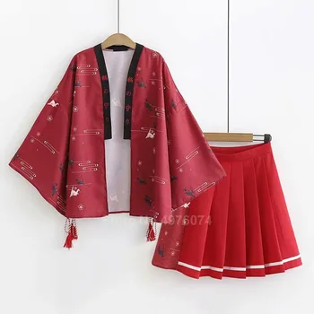 Кран за печат традиционен японски юката блуза + haori + пола комплект дрехи за жени Ежедневни Harajuku тънък слънцезащитен крем яке