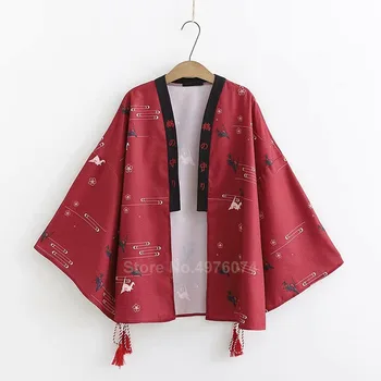 Кран за печат традиционен японски юката блуза + haori + пола комплект дрехи за жени Ежедневни Harajuku тънък слънцезащитен крем яке