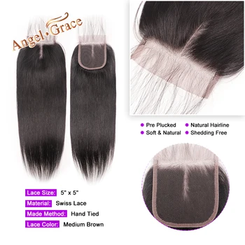 Angel Grace Hair 5x5 Straight Дантела Closure Free/Middle Part Human Hair Natural Color бразилско закриване на коса Remy с детски коса