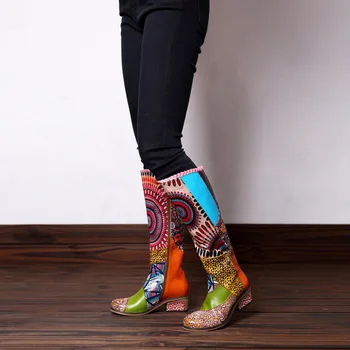 Ретро чешки ботуши до средата на прасците Дамски обувки от естествена кожа ключалката декор мотоциклет жените ботуши змия модел обувки жена