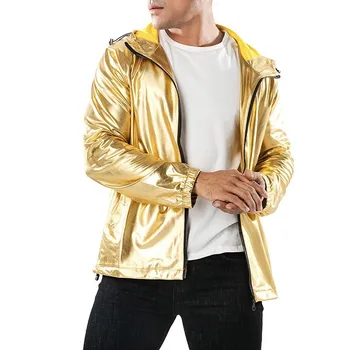 2019 нов мъжки блестящ златен тънко яке качулки есен hoody палто нощен клуб хип-хоп Хай Стрийт с качулка, якета и горно облекло