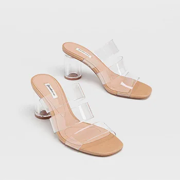 Дамски акрилни кристални сандали на висок дебел ток slide sandalsSummer 2020 нови прозрачни дамски чехли от PVC