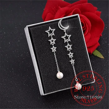 925 сребро Crystal Звезда Луната дълги висящи обеци за жени, Модни бижута brincos pendientes
