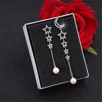 925 сребро Crystal Звезда Луната дълги висящи обеци за жени, Модни бижута brincos pendientes