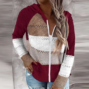 Жената Есен С Дълъг Ръкав Цвят Блок Выдалбливают Вязаный Пуловер С Качулка Палто