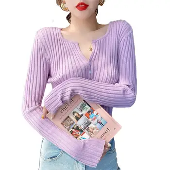 MISSKY женски пуловер плътен цвят яке пролет и есен тънка подплата V-образно деколте вязаный жилетка женски върховете на нова
